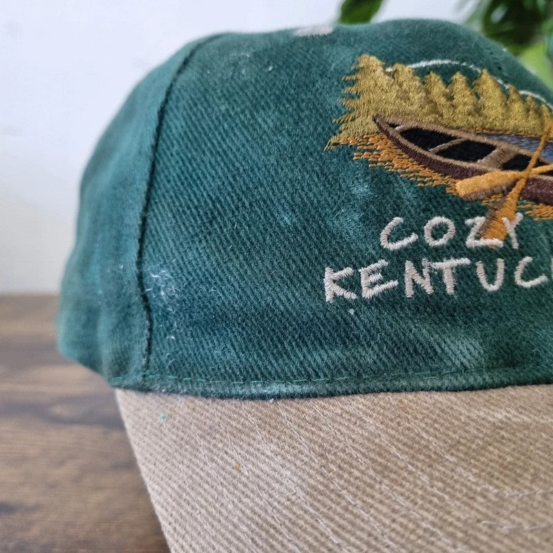 Vintage American Baseball Hat Snapback cap one size green beige cozy cove kentucky lake