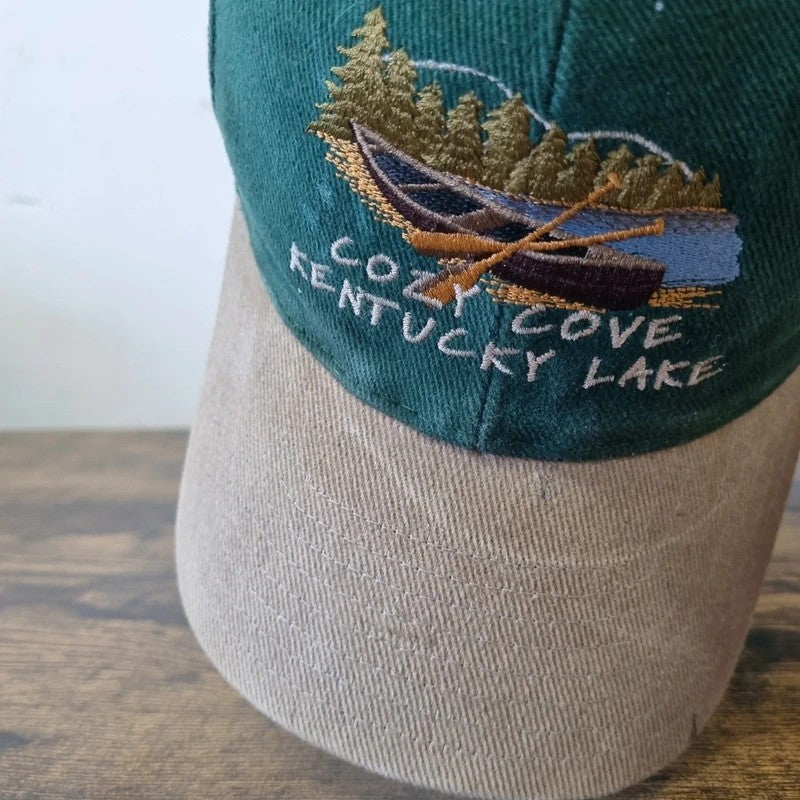 Vintage American Baseball Hat Snapback cap one size green beige cozy cove kentucky lake