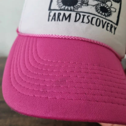 Vintage American Trucker Hat Snapback cap one size adjustable pink white farm discovery truck