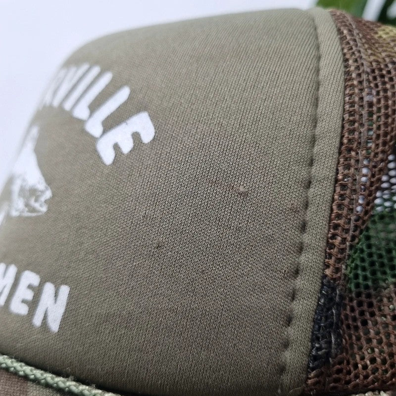 Vintage American Trucker Hat Snapback cap one size adjustable khaki camo fishing millerville fish