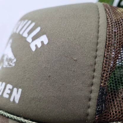 Vintage American Trucker Hat Snapback cap one size adjustable khaki camo fishing millerville fish