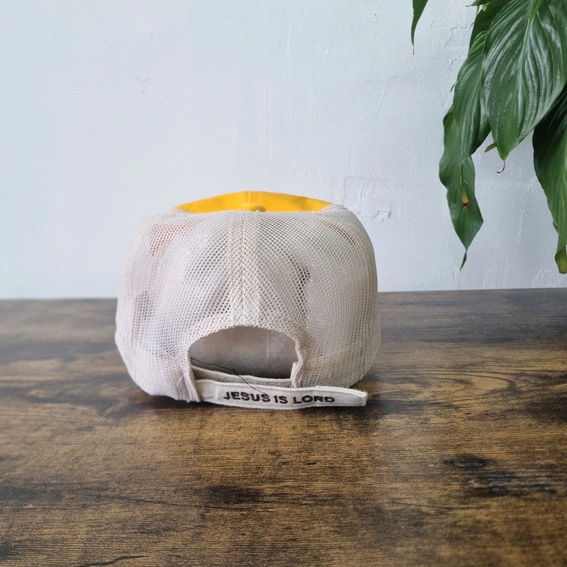 Vintage Genesis Whitetails Trucker Cap Snapback mesh hat yellow beige Jesus one size