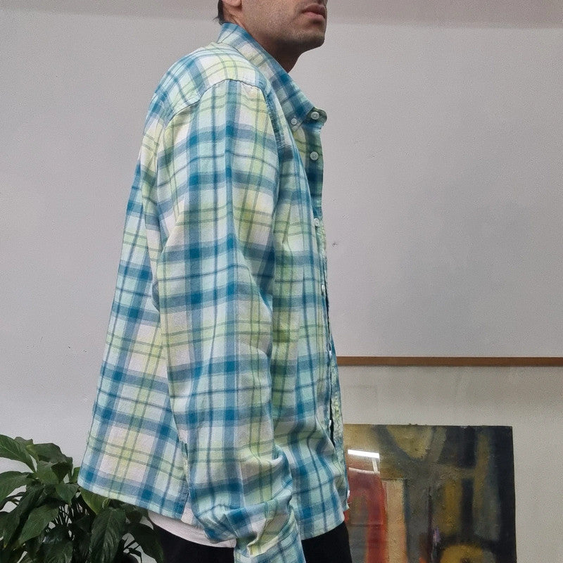 Vintage Columbia Boxy Fit Cropped Shirt Long Sleeve XL Check Blue Button Up Skater Y2K Surf