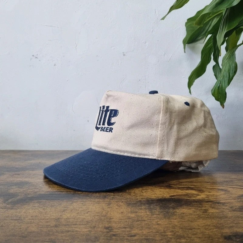Vintage American Baseball Hat Snapback cap one size adjustable cream navy Miller lite beer