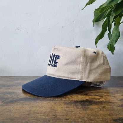 Vintage American Baseball Hat Snapback cap one size adjustable cream navy Miller lite beer