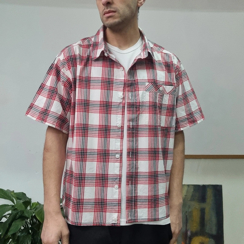 Vintage Columbia Boxy Fit Cropped Shirt short Sleeve XL Check red Button Up Skater Y2K Surf