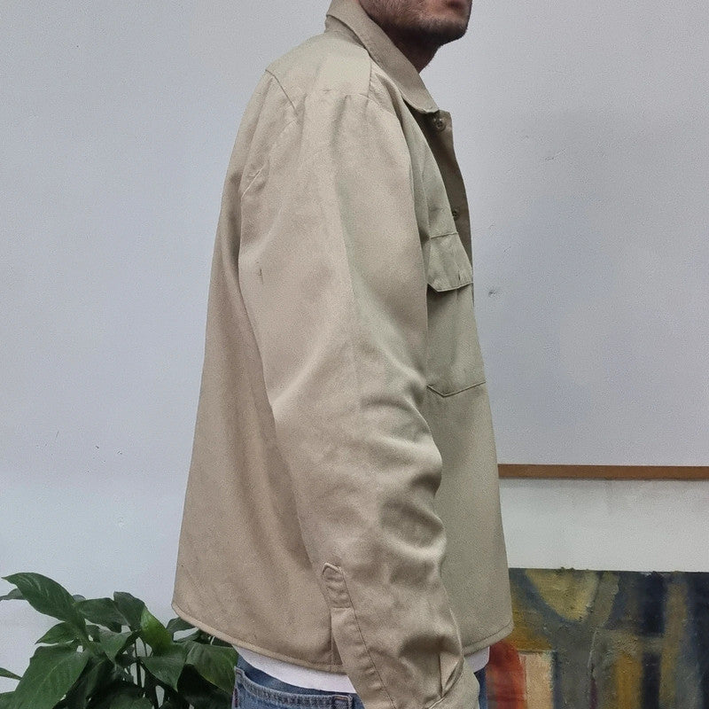 Vintage Dickies Boxy Fit Cropped Shirt Long Sleeve XL plain Beige Button Up Skater Y2K Surf