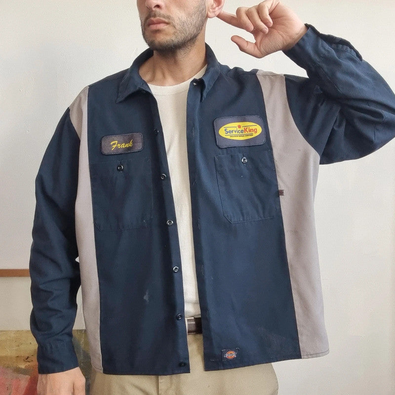 Vintage Dickies Boxy Fit Cropped Shirt long Sleeve XL plain Navy Button Up Skater Y2K Surf