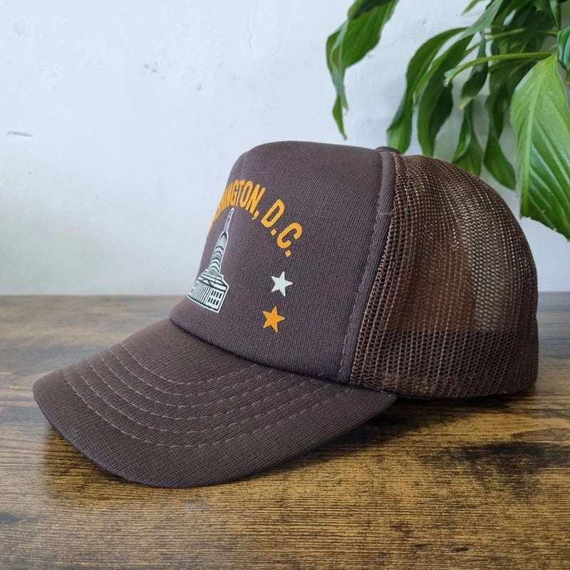 Vintage American Trucker Hat Snapback cap one size adjustable brown Washington Dc