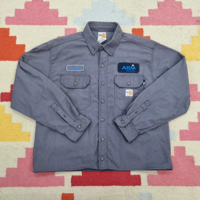 Carhartt FR Boxy Fit Cropped Shirt Long Sleeve large plain grey Button Up Skater Y2K