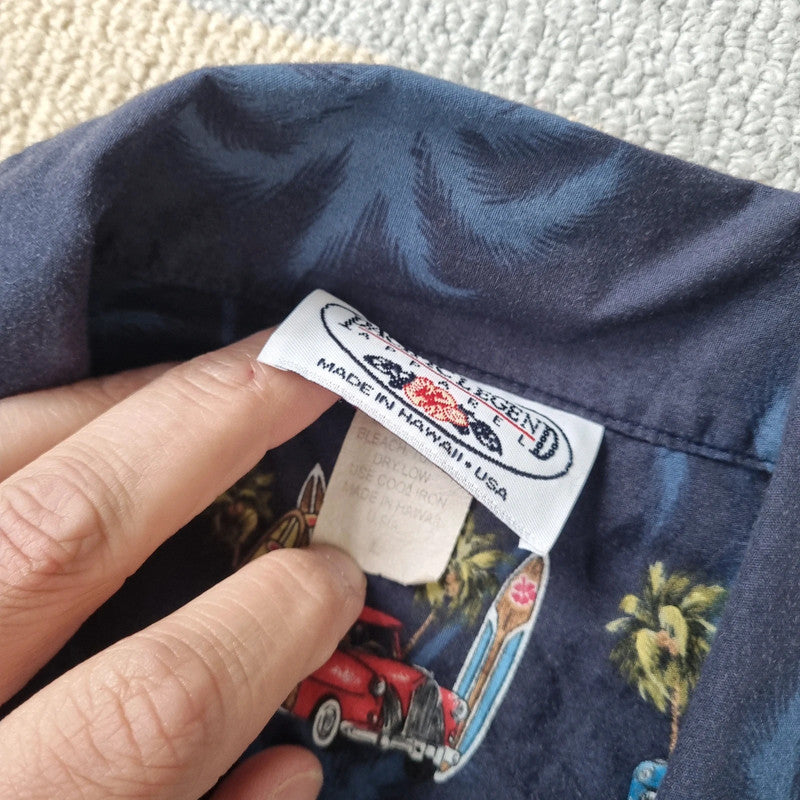 Vintage hawaii Boxy Fit Cropped Shirt Short Sleeve large print Blue Button Up Skater Y2K Surf