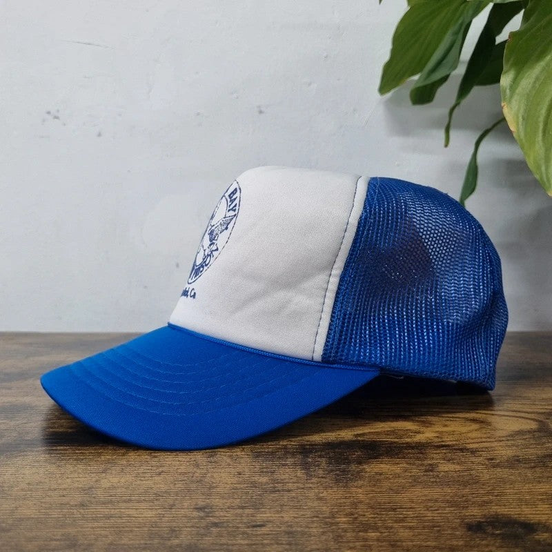 Vintage American Trucker Hat Snapback cap one size blue white Pelican bay statement prison