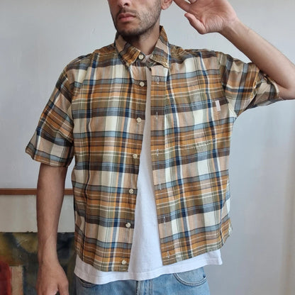 Vintage Woolrich Boxy Fit Cropped Shirt Short Sleeve Medium brown Button Up Skater Y2K Surf