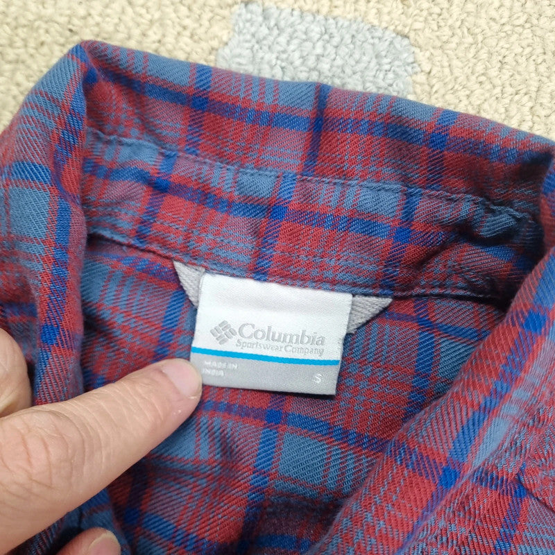 Vintage Columbia Boxy Fit Cropped Shirt Long Sleeve Small Check burgundy blue Button Up Skater