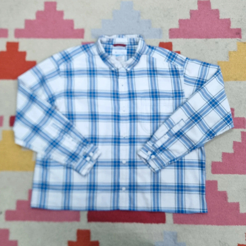 Vintage Columbia Boxy Fit Cropped Shirt Long Sleeve XXL Check Blue Button Up Skater Y2K Surf