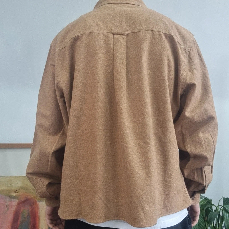 Woolrich Boxy Fit Cropped flannel Shirt long Sleeve large plain brown Button Up Skater Y2K Surf