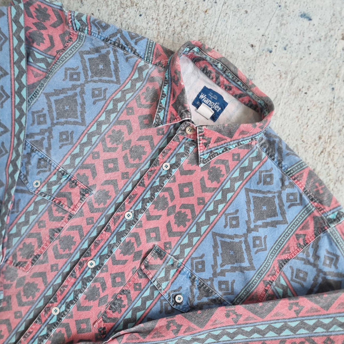 Wrangler Shirt Adult XL 17 17.5 Blue Brushpopper Striped Aztec Rodeo Western