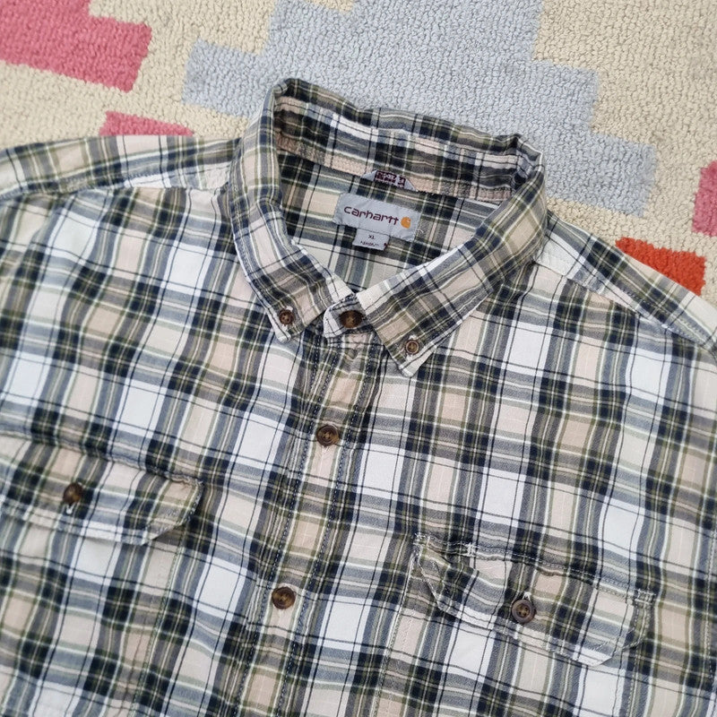 Vintage Carhartt Boxy Fit Cropped Shirt Short Sleeve XL check brown Button Up Skater Y2K Surf