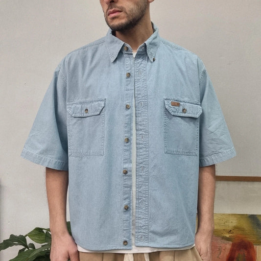 Carhartt Boxy Fit Cropped Shirt Short Sleeve Large plain blue chambray Button Up Skater Y2K