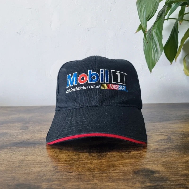 Vintage American Trucker Hat Snapback cap one size adjustable black mobil 1 oil nascar