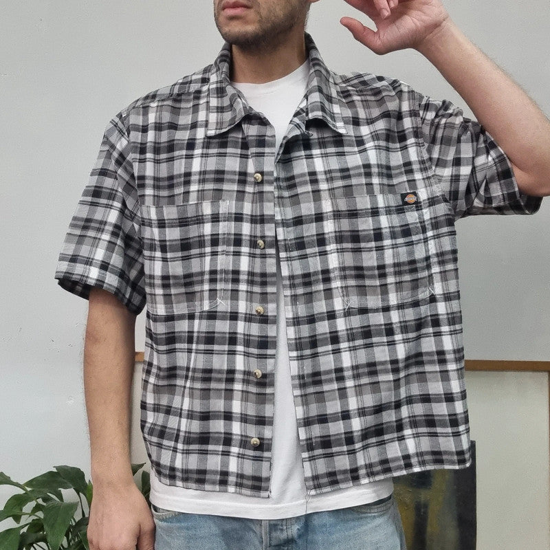 Vintage Dickies Boxy Fit Cropped Shirt Short Sleeve XL check Black Button Up Skater Y2K Surf