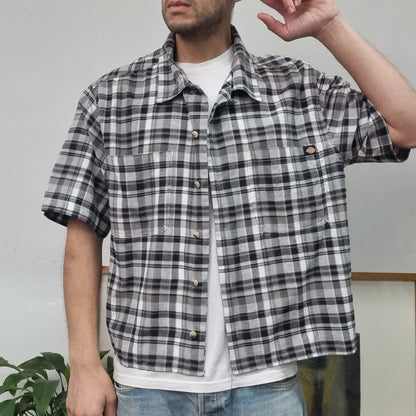 Vintage Dickies Boxy Fit Cropped Shirt Short Sleeve XL check Black Button Up Skater Y2K Surf