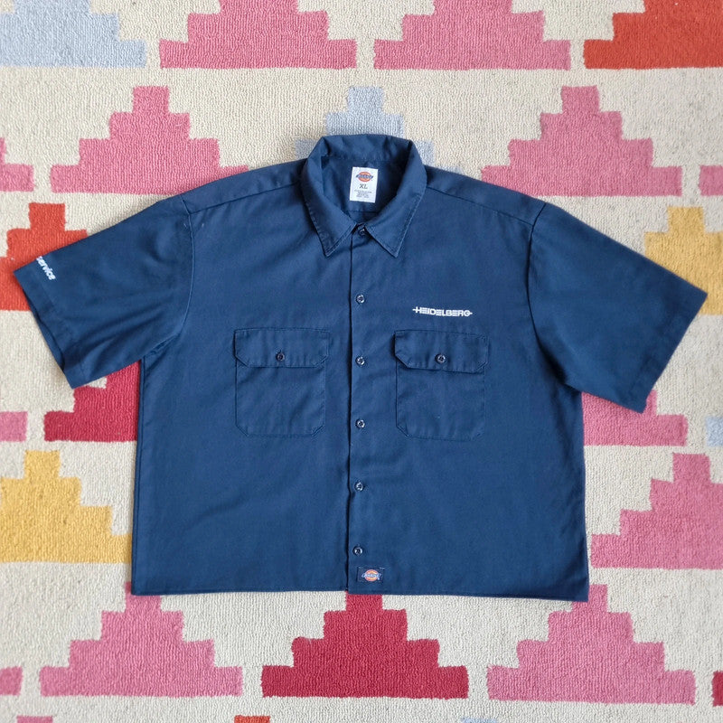 Vintage Dickies Boxy Fit Cropped Shirt Short Sleeve XL plain navy Button Up Skater Y2K Surf