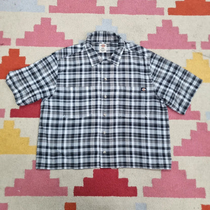 Vintage Dickies Boxy Fit Cropped Shirt Short Sleeve XL check Black Button Up Skater Y2K Surf