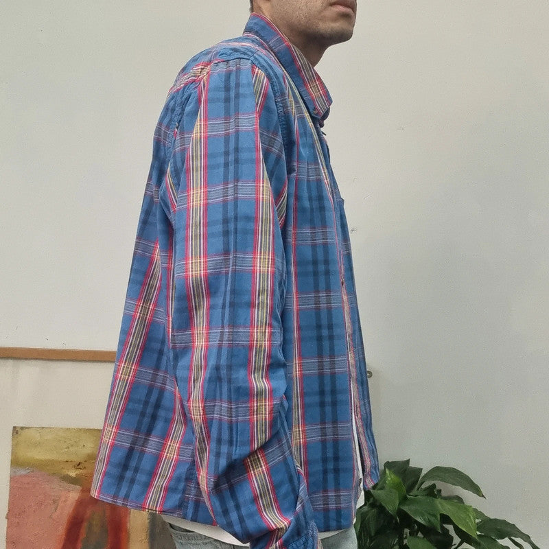 Vintage Timberland Boxy Fit Cropped Shirt Long Sleeve XL check Blue Button Up Skater Y2K Surf