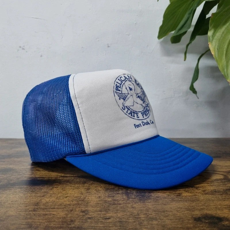 Vintage American Trucker Hat Snapback cap one size blue white Pelican bay statement prison