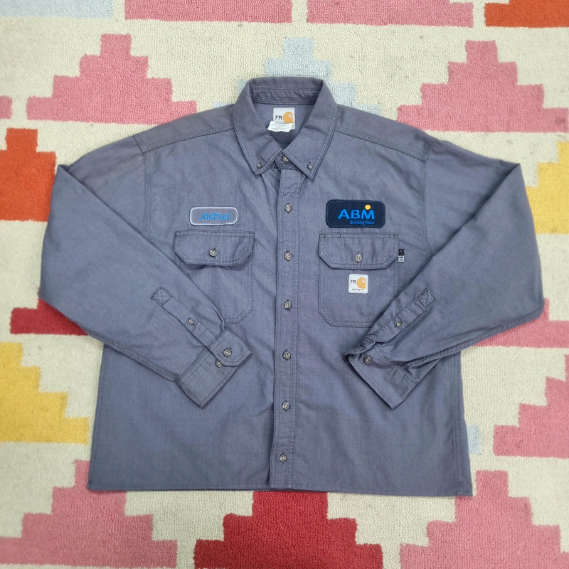 Carhartt FR Boxy Fit Cropped Shirt long Sleeve large plain grey Button Up Skater Y2K Surf