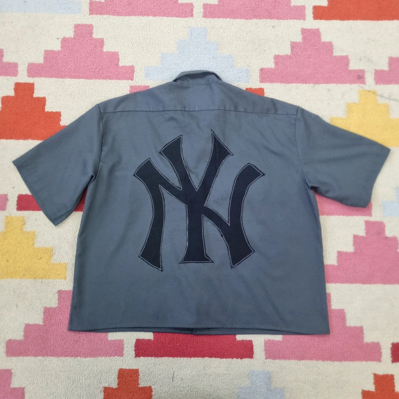 Vintage Dickies Boxy Fit Cropped Shirt Short Sleeve XL plain Grey Button Up NY Yankees