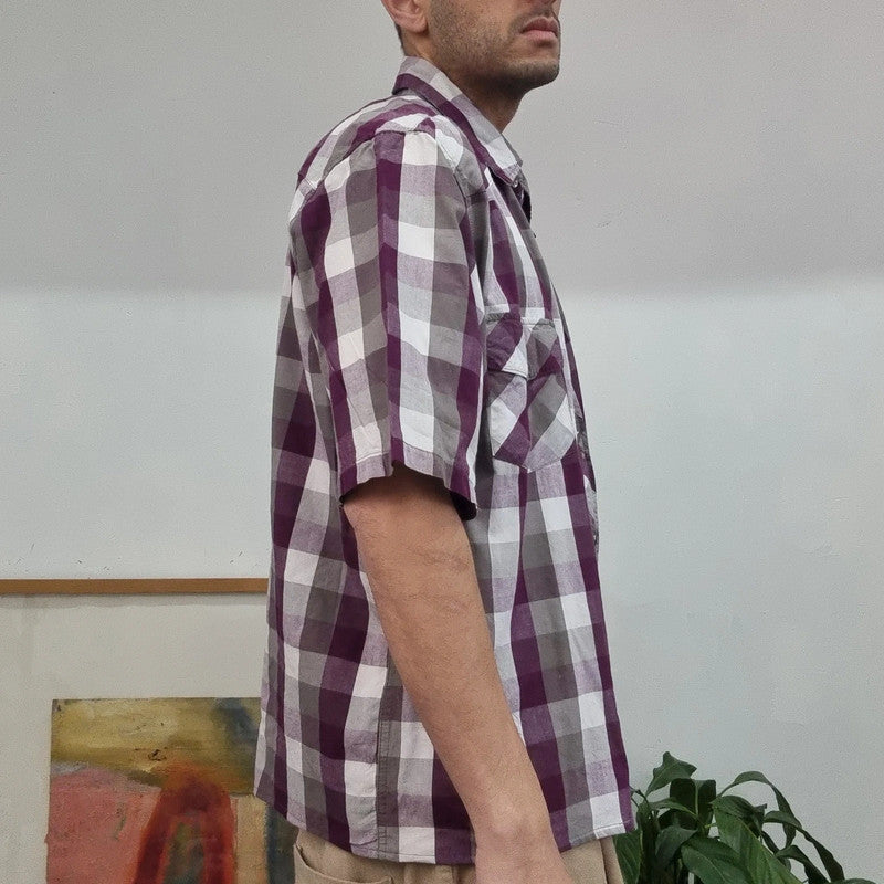 Dickies Boxy Fit Cropped Shirt Short Sleeve large check purple white Button Up Skater Y2K Surf