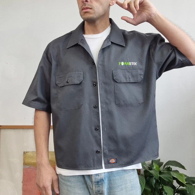 Vintage Dickies Boxy Fit Cropped Shirt Short Sleeve large plain grey button Up Skater Y2K Surf