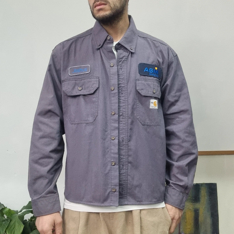 Carhartt FR Boxy Fit Cropped Shirt long Sleeve large plain grey Button Up Skater Y2K Surf