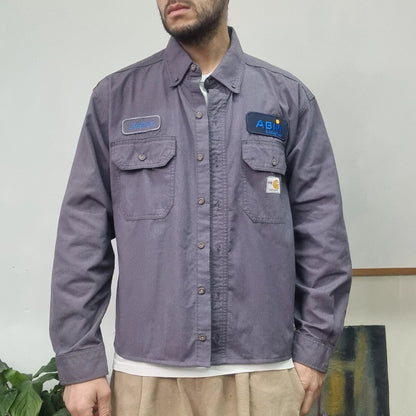 Carhartt FR Boxy Fit Cropped Shirt long Sleeve large plain grey Button Up Skater Y2K Surf