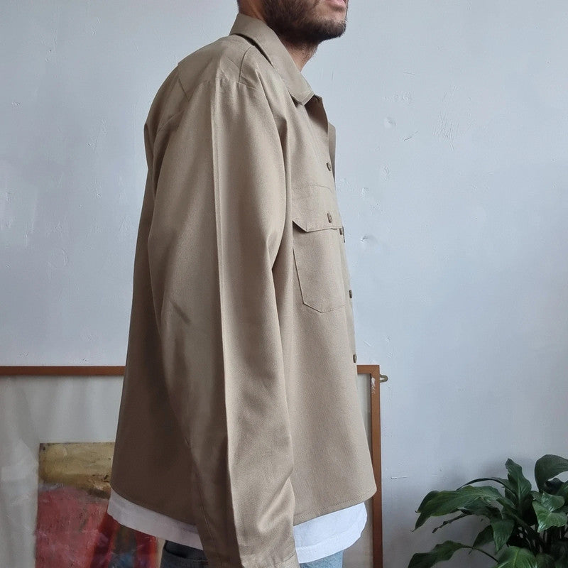Vintage Dickies Boxy Fit Cropped Shirt Long Sleeve XL plain Beige Button Up Skater Y2K Surf