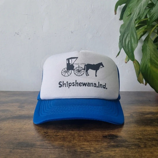 Vintage American Trucker Hat Snapback cap one size blue white horse carrier Shipshewana