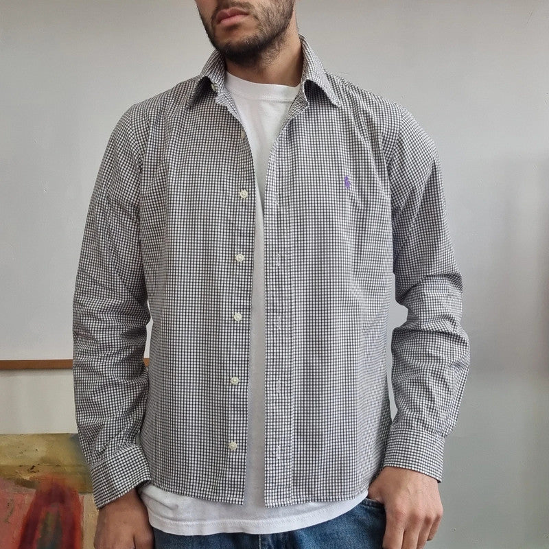 Vintage Ralph Lauren Boxy Fit Cropped Shirt Long Sleeve small checked Black Button Up Skater Y2K