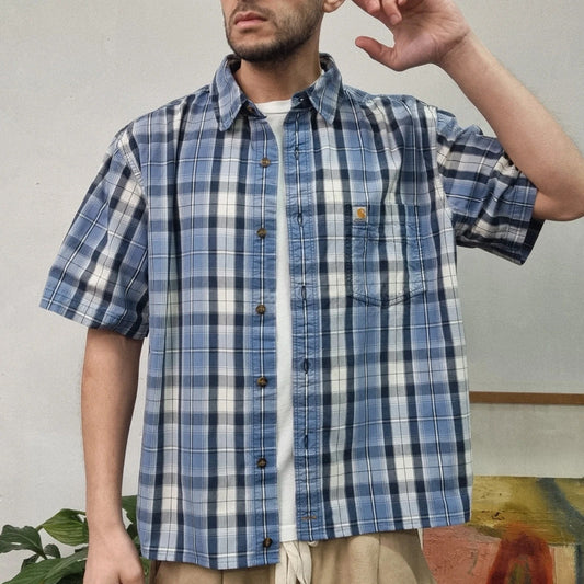 Vintage Carhartt Boxy Fit Cropped Shirt Short Sleeve XL blue check Button Up Skater Y2K Surf