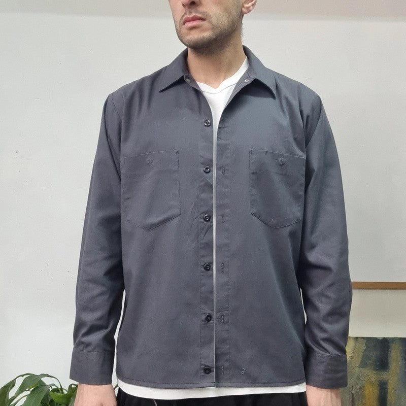 Vintage Dickies Boxy Fit Cropped Shirt long Sleeve Medium plain Grey Button Up Skater Y2K Surf