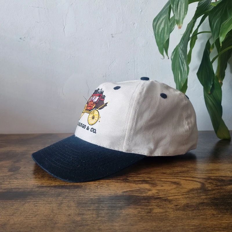 Vintage American Baseball Hat Snapback cap one size adjustable cream black wells fargo