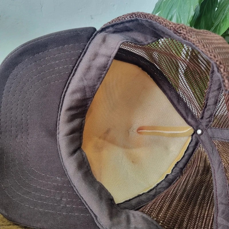 Vintage American Trucker Hat Snapback cap one size adjustable beige brown industrial oil machinery