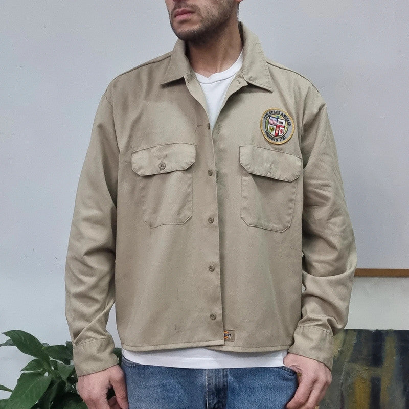 Vintage Dickies Boxy Fit Cropped Shirt Long Sleeve XL plain Beige Button Up Skater Y2K Surf