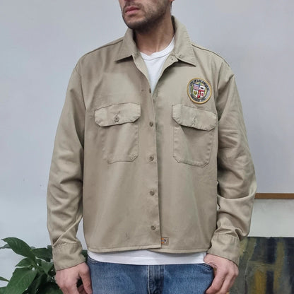 Vintage Dickies Boxy Fit Cropped Shirt Long Sleeve XL plain Beige Button Up Skater Y2K Surf