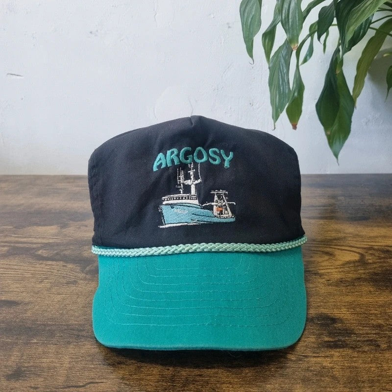 Vintage American Trucker Hat Snapback cap one size adjustable black green argosy ship