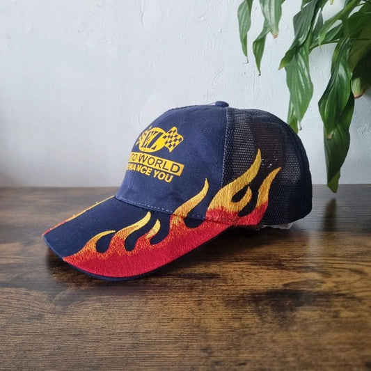 Vintage American baseball Hat Snapback cap one size adjustable navy flame auto world