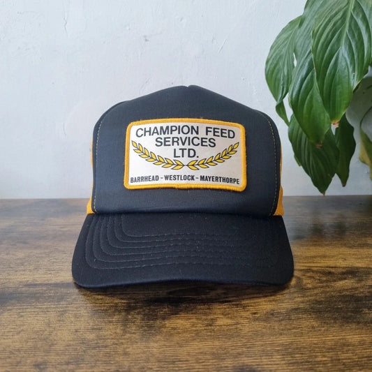 Vintage American Trucker Hat Snapback cap one size adjustable black yellow champion feed services