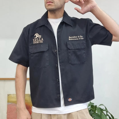 Vintage Dickies Boxy Fit Cropped Shirt Short Sleeve Medium plain Black Button Up Skater Y2K Surf
