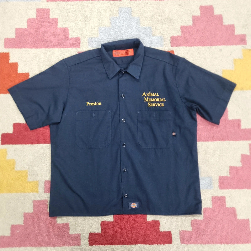 Vintage Dickies Boxy Fit Cropped Shirt Short Sleeve Medium plain Blue Button Up Skater Y2K Surf